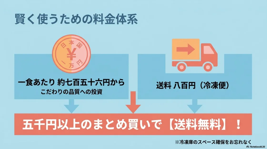 1食あたり約756円からの料金、冷凍便送料800円、5,000円以上のまとめ買いで送料無料になる仕組みを説明したスライド 。