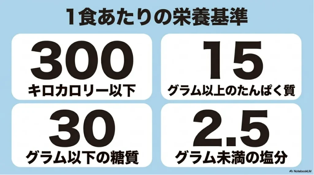 わんまいる健幸ディナーの1食あたりの栄養基準。カロリー300kcal以下、たんぱく質15g以上、糖質30g以下、塩分2.5g未満の数値をグラフ化したスライド。