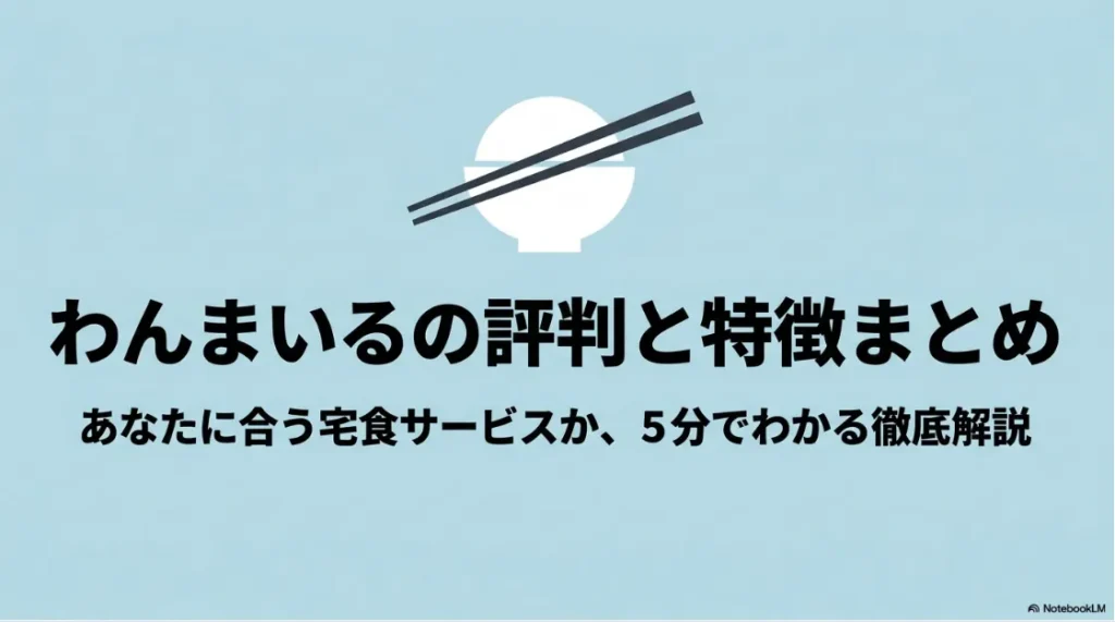 国産食材100%使用の冷凍宅食サービス「わんまいる」の基本特徴をまとめたスライド