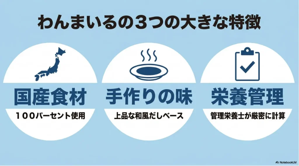 わんまいるの真空個包装パウチのメリット。冷凍庫の隙間にすっきり収納でき、食材ごとに最適な状態で解凍できる仕組みの解説。