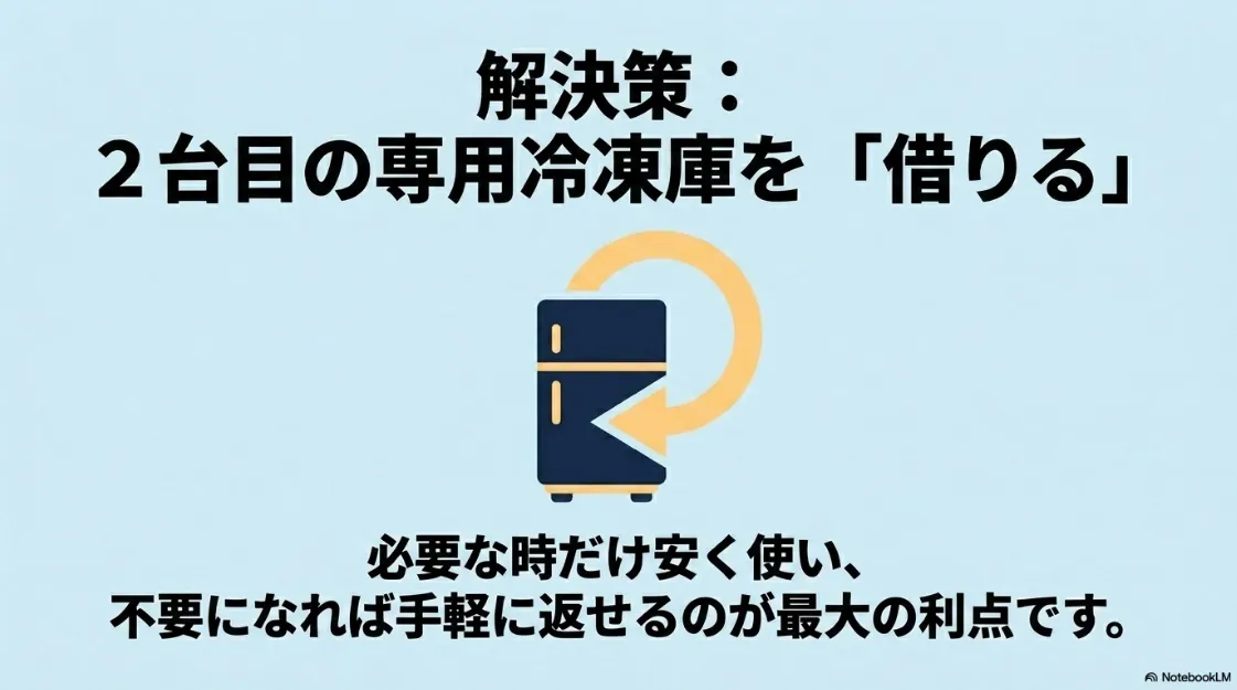解決策として2台目の専用冷凍庫を「借りる」ことを提案し、必要な時だけ安く使い、不要になれば手軽に返せるのが最大の利点であることを伝えるスライド。冷蔵庫に矢印が向いているイラスト。