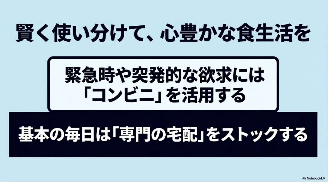 緊急時はコンビニ、毎日の基本は専門の宅配をストックして賢く使い分ける