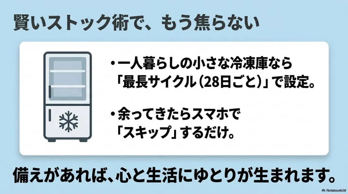 賢いストック術で焦らない。一人暮らしの小さな冷凍庫なら最長サイクルで設定