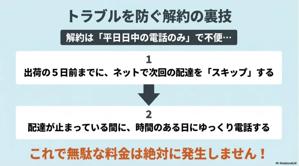 トラブルを防ぐ解約の裏技 。出荷の5日前までにネットで次回の配達をスキップし、配達が止まっている間にゆっくり電話する 。