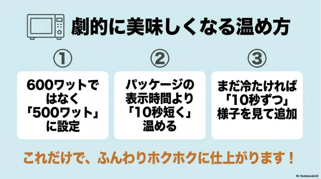劇的に美味しくなる温め方 。600ワットではなく500ワットに設定し、パッケージの表示時間より10秒短く温める 。まだ冷たければ10秒ずつ様子を見て追加する 。