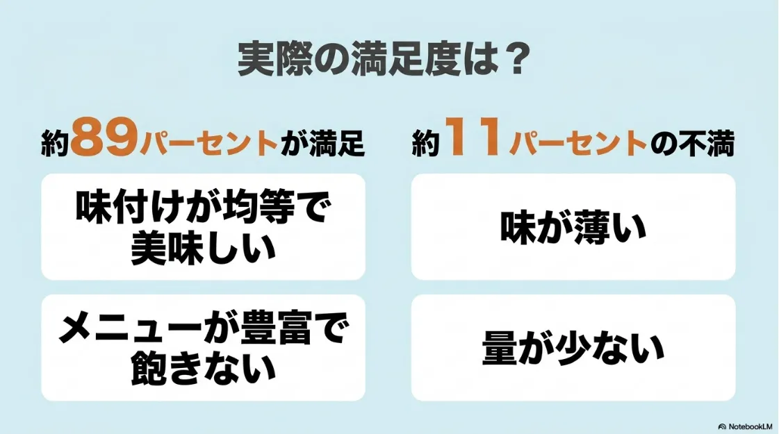 実際の満足度は約89パーセントが満足、約11パーセントが不満 。味が均等で美味しい、メニューが豊富で飽きないという意見の一方で、味が薄い、量が少ないという声もある 。