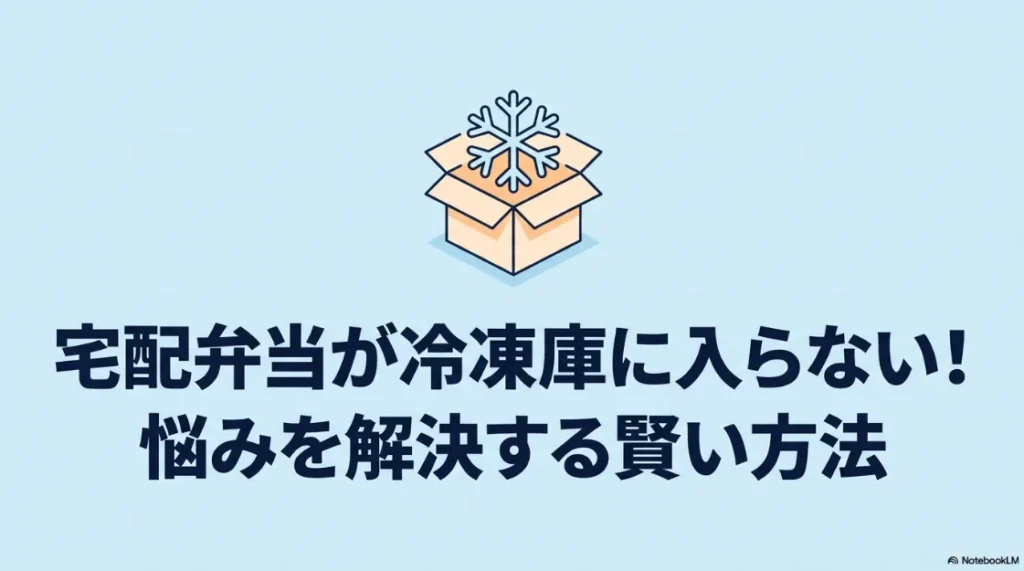 宅配弁当が冷凍庫に入らない悩みを解決する賢い方法のタイトルスライド。段ボール箱から大きな雪の結晶が飛び出しているイラスト。