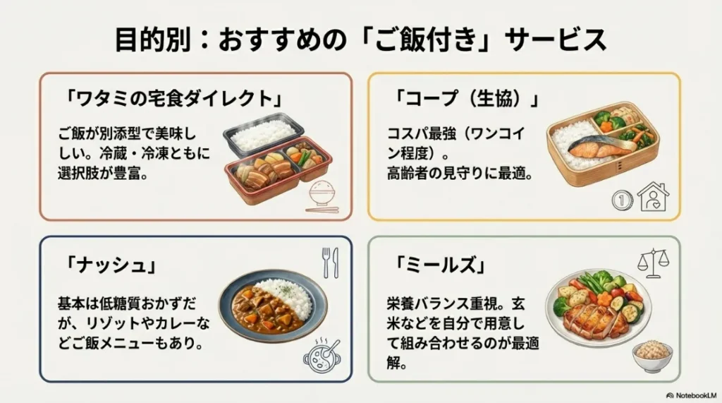 ワタミの宅食ダイレクト、コープ（生協）、ナッシュ、ミールズの各サービスの特徴と使い分けのまとめ。