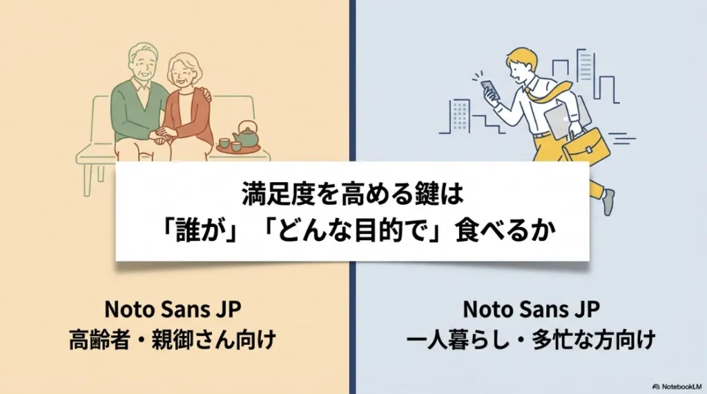 誰がどんな目的で食べるかによって、高齢者・親御さん向けか一人暮らし向けか選ぶ基準が変わることを示すイラスト。