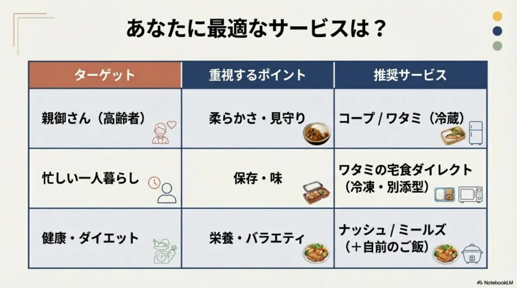 高齢者、一人暮らし、健康志向の各ターゲット別に、重視するポイントと推奨されるサービスをまとめた表。