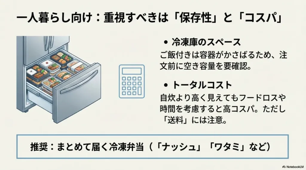 冷凍庫のスペース確認の必要性と、フードロスや時間を考慮したコスパの考え方、推奨される冷凍弁当の例。