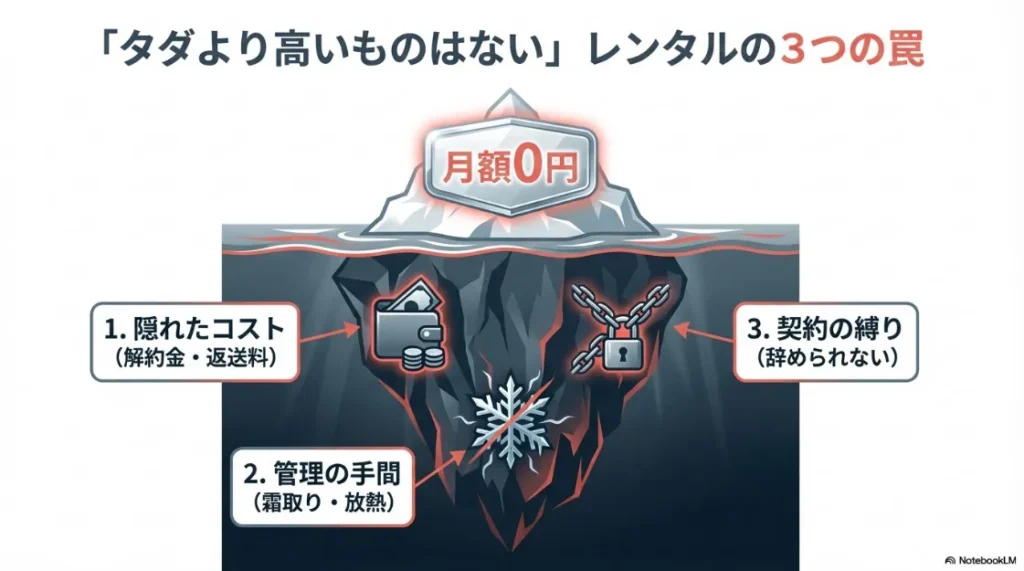 表面上の月額0円の下に隠れた、コスト・手間・契約の縛りという3つの罠を氷山で表現したイラスト
