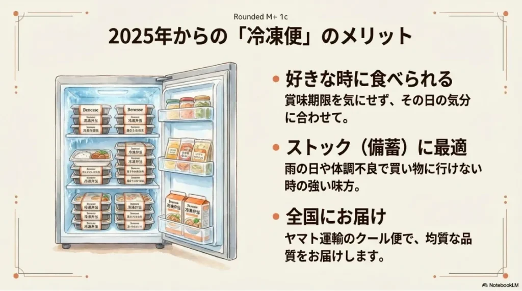 好きな時に食べられ、ストック（備蓄）にも最適な冷凍弁当が冷蔵庫に並んでいるイラストとメリットの解説