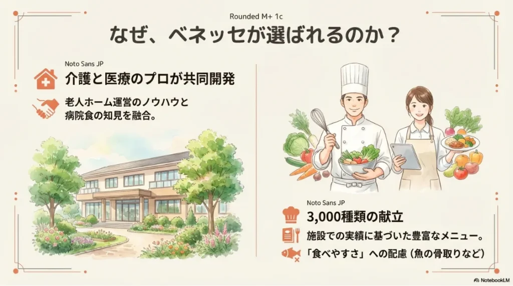 介護と医療のプロが共同開発した3,000種類の献立と、食べやすさへの配慮（魚の骨取りなど）を説明するイラスト