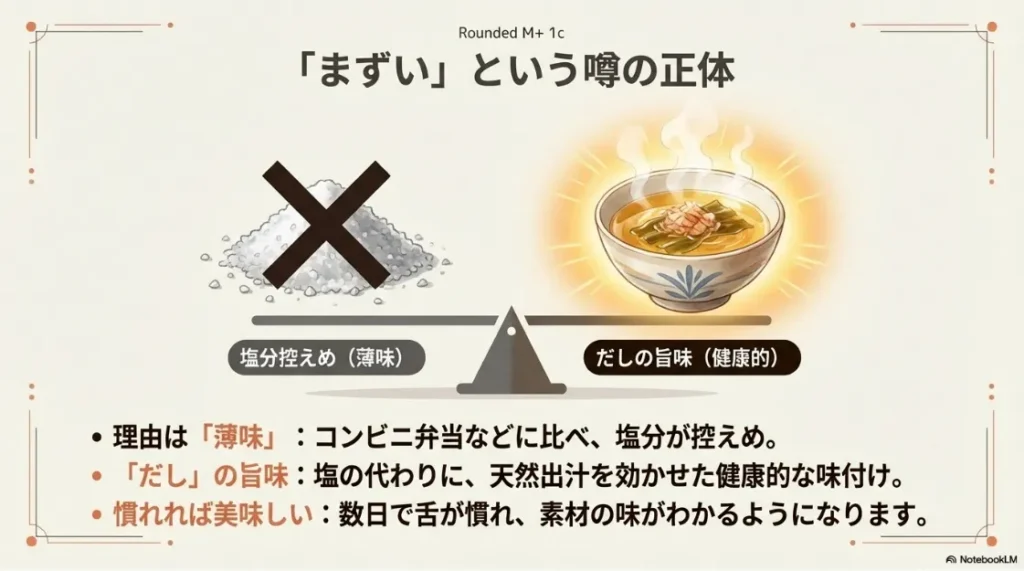 塩分控えめの薄味でも、天然出汁を効かせることで素材の味を活かした健康的な味付けであることを解説するスライド