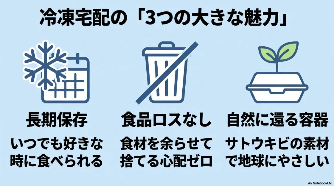 冷凍宅配弁当の3つの魅力として、長期保存、食品ロスなし、サトウキビ素材の自然に還る容器を解説したスライド。