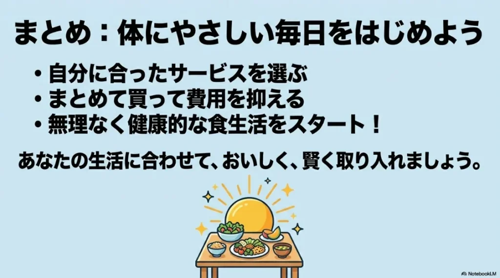 自分に合ったサービス選びとまとめ買いで費用を抑え、無理なく健康的な食生活をスタートするためのまとめスライド。