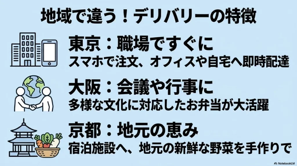 地域で違うデリバリーの特徴として、東京の即時配達、大阪の会議・行事対応、京都の地元野菜手作り弁当を比較したスライド。