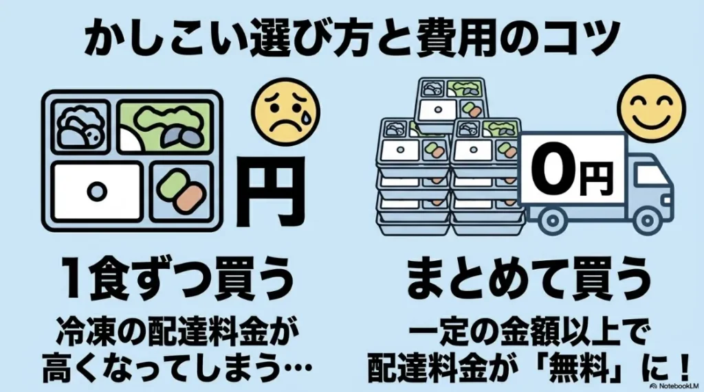 冷凍弁当の配送料金を賢く抑えるコツとして、1食ずつ買うと高くなる送料を、まとめて買うことで無料にする方法を解説したスライド。
