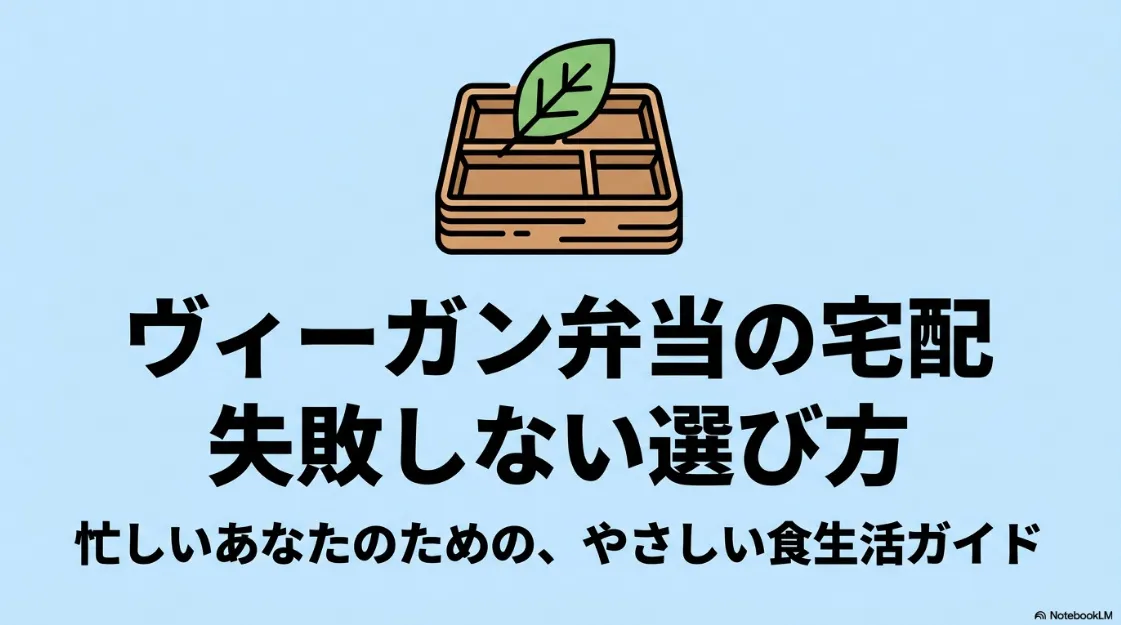 ヴィーガン弁当の宅配サービスで失敗しない選び方を紹介するスライドの表紙。忙しい人のためのやさしい食生活ガイド。