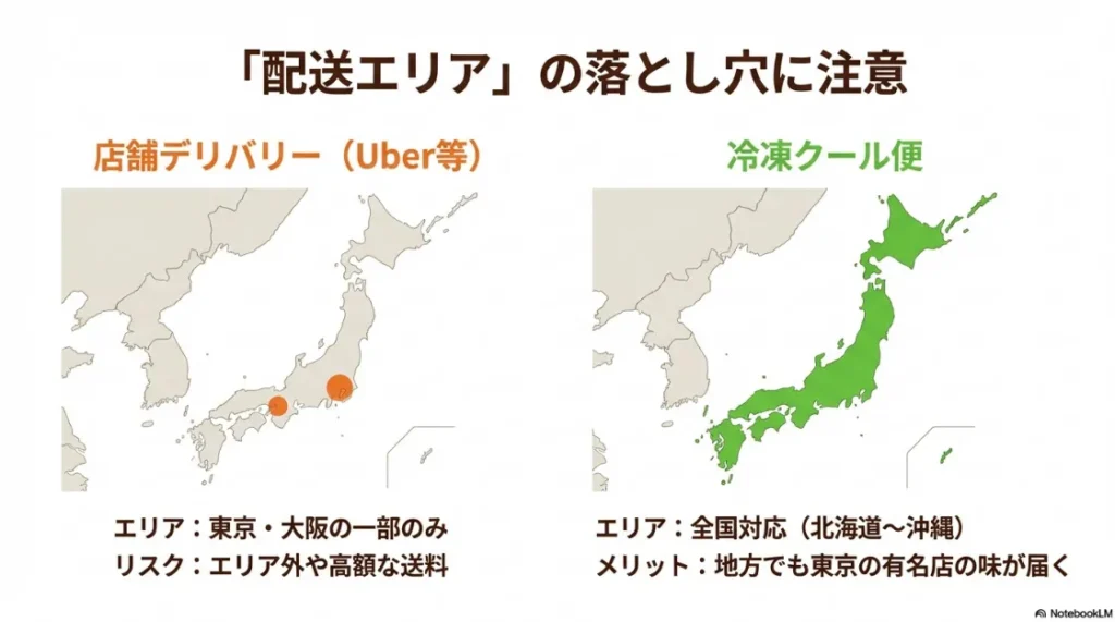 店舗デリバリーと冷凍クール便の配送エリアの違い。クール便は全国対応可能であることを示す日本地図。