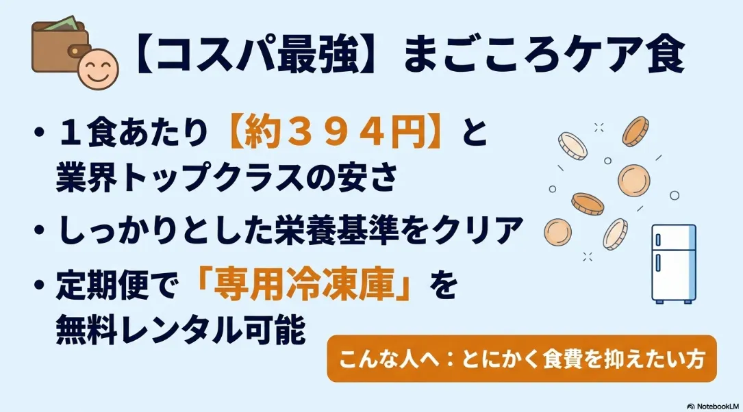 コスパ最強であるまごころケア食の安さと専用冷凍庫レンタルの特徴