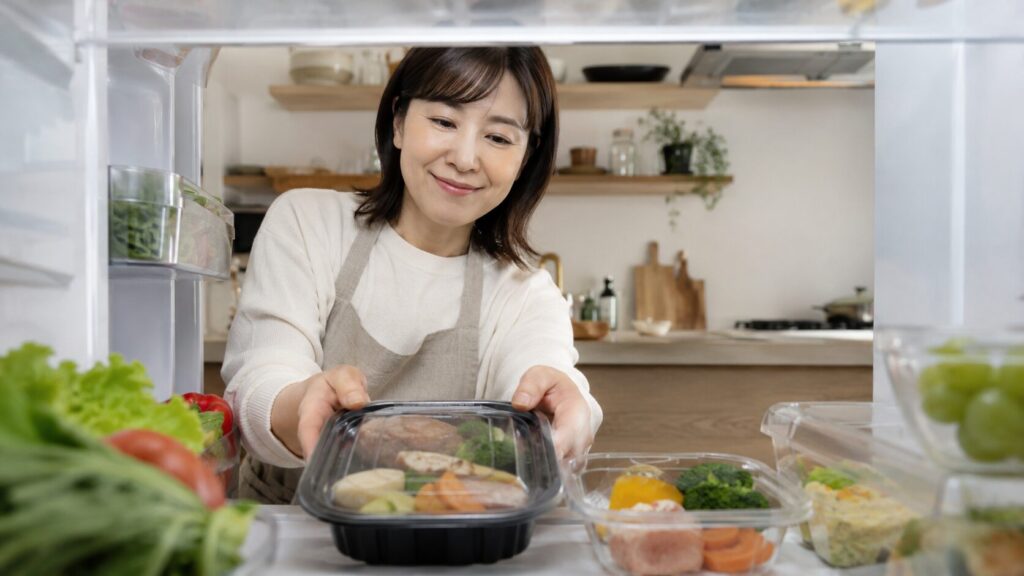 日本人女性が冷蔵庫に宅配弁当と惣菜を入れる様子を通して、冷蔵宅配弁当の鮮度と食感の良さを表した画像