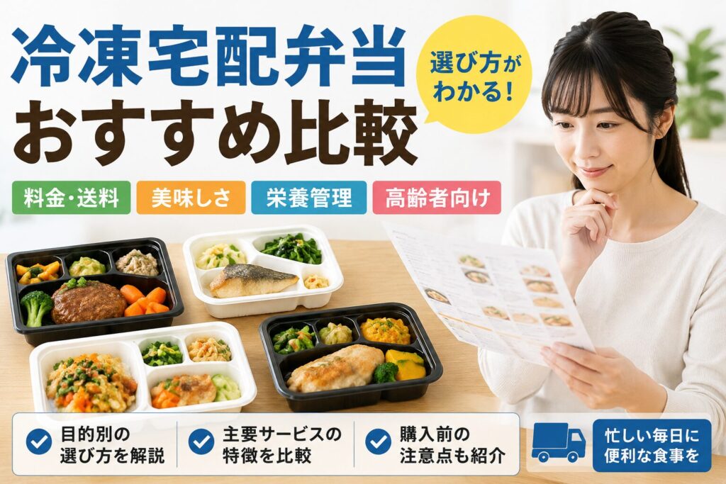 冷凍宅配弁当のおすすめ比較を確認する日本人女性と複数の冷凍弁当