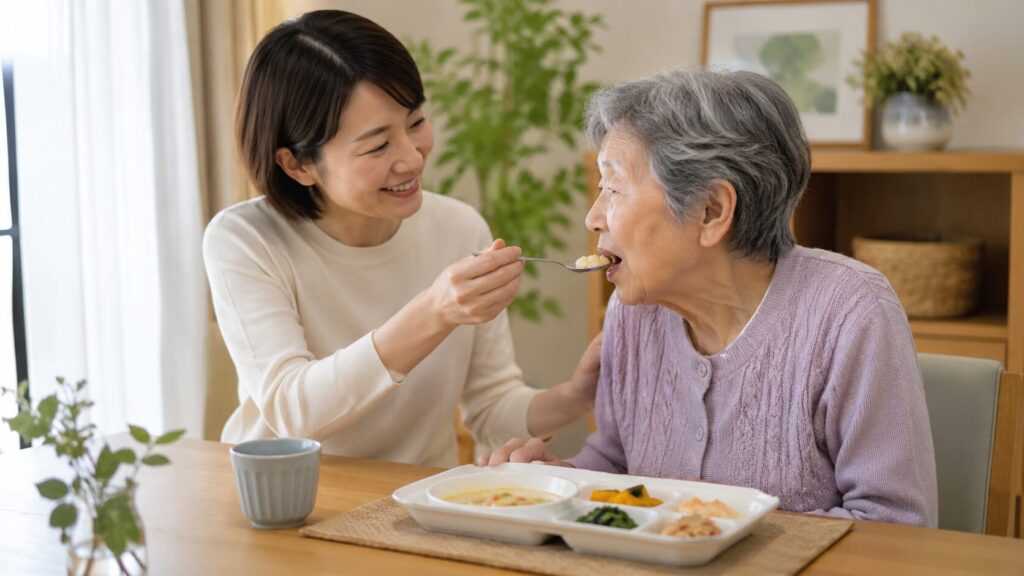 高齢者向け冷凍宅配弁当を食べる日本人親子