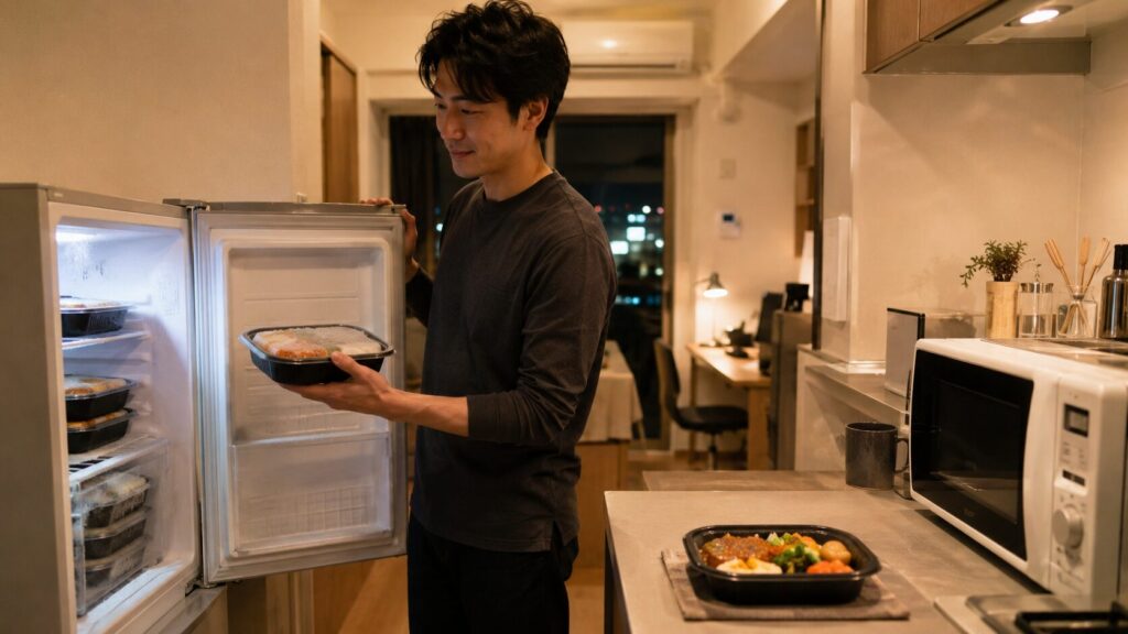 一人暮らしの日本人男性が夜のキッチンで冷凍宅配弁当を取り出し、電子レンジで温める準備をしている画像