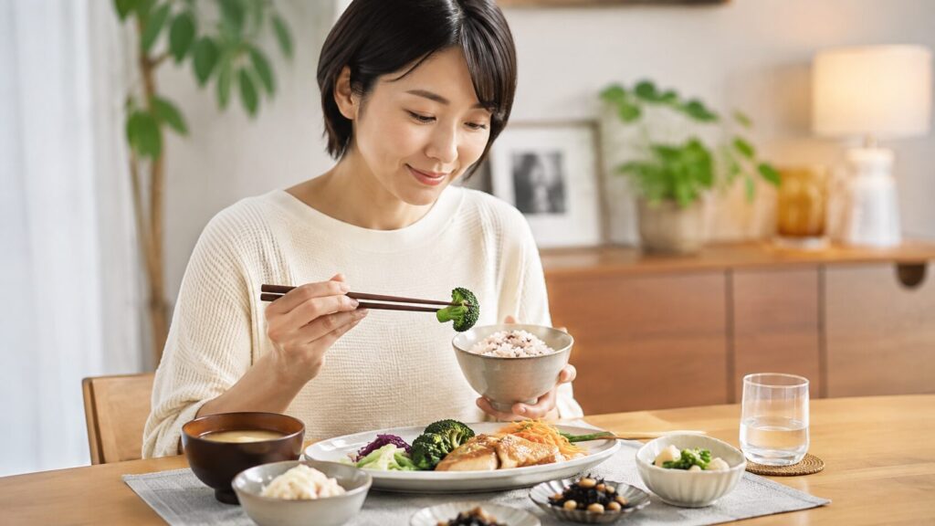 栄養バランスの良い冷凍宅配弁当を食べる日本人女性