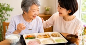 日本人の高齢女性が家族に見守られながら、やわらか食・ムース食・ペースト食などの介護向け宅配弁当を食べる様子