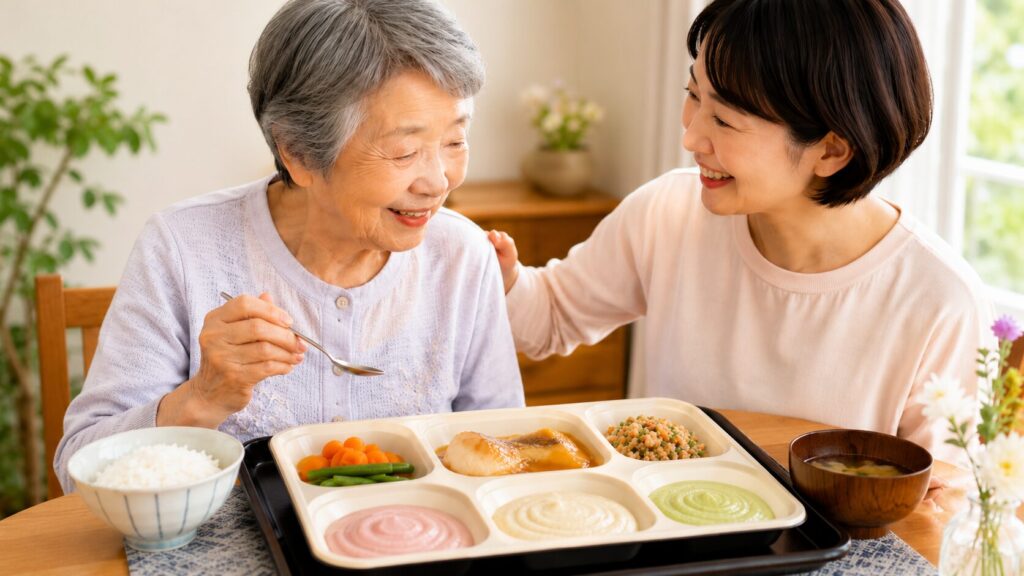 日本人の高齢女性が家族に見守られながら、やわらか食・ムース食・ペースト食などの介護向け宅配弁当を食べる様子