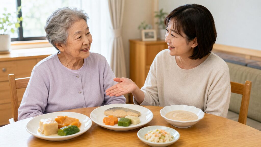 やわらか食・ムース食・ペースト食・きざみ食の違いを家族で確認する高齢者向け介護食の食卓
