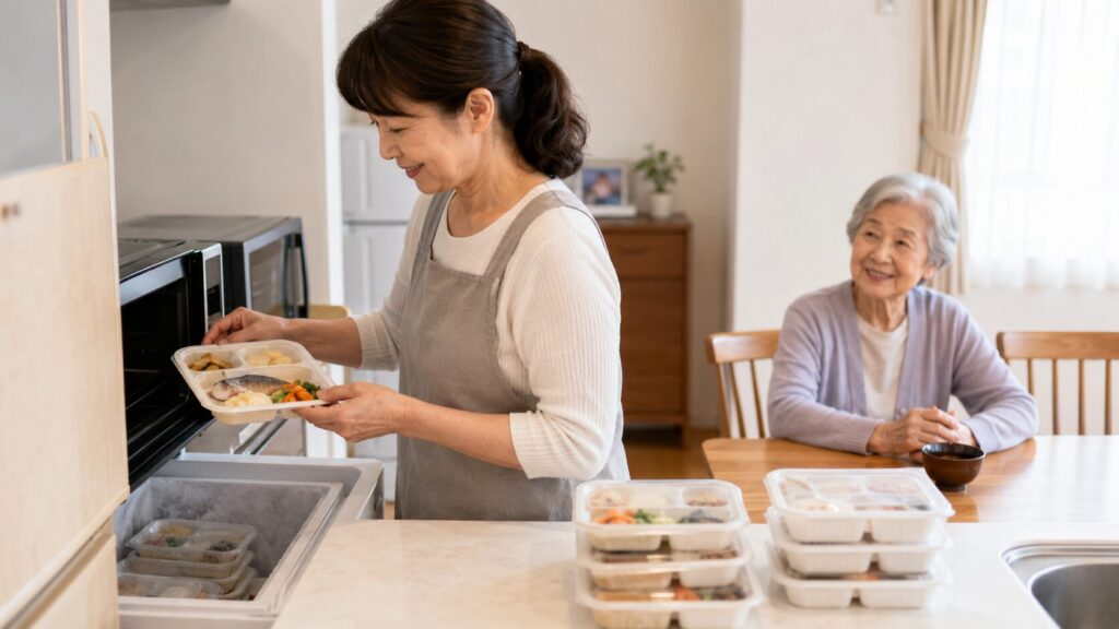 冷凍の介護食宅配弁当を電子レンジで温める家族介護の食事準備
