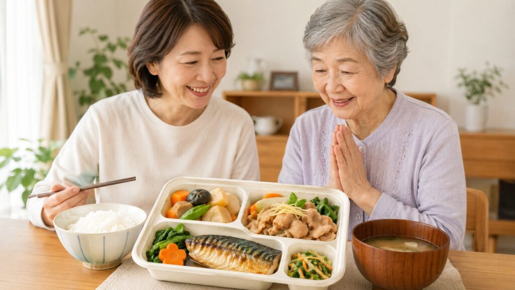 日本人の高齢女性と家族が減塩宅配弁当を囲み、健康的な食事を楽しむ様子