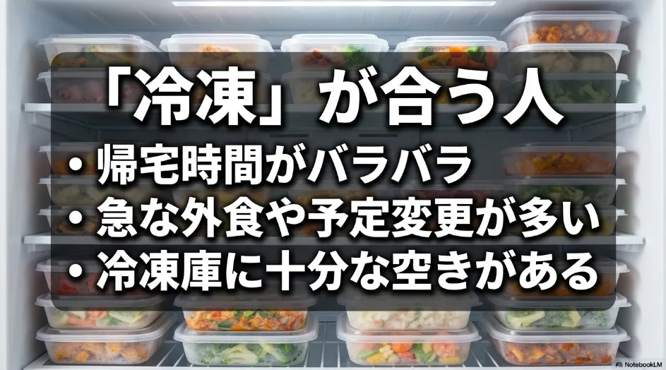 帰宅時間が不規則な人や予定変更が多い人には冷凍宅配弁当が向いていることを説明するスライド