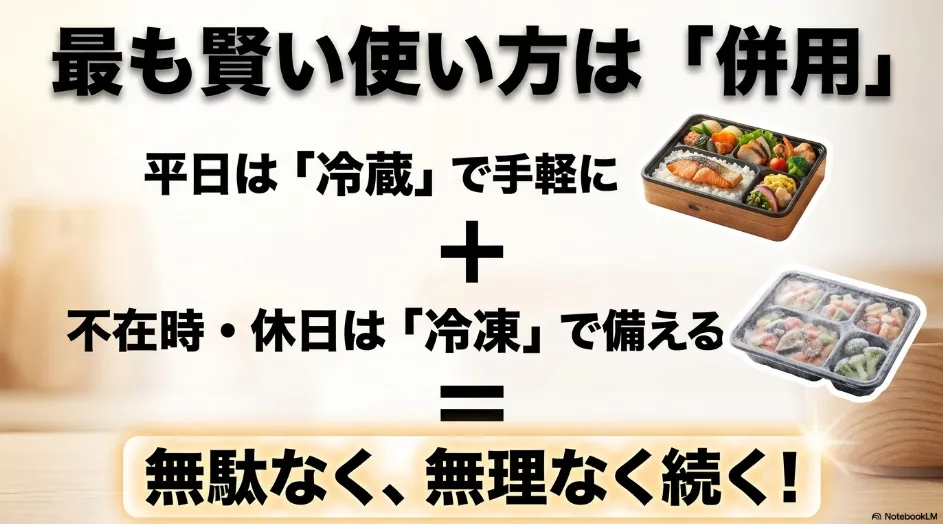 平日は冷蔵宅配弁当、不在時や休日は冷凍宅配弁当を併用する使い方を説明するスライド