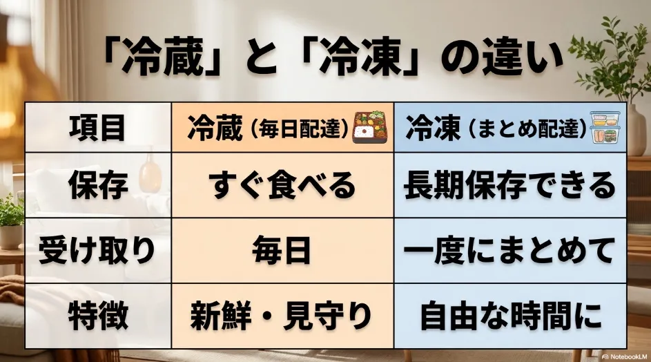 冷蔵の毎日配達と冷凍のまとめ配送の保存方法や受け取り方を比較したスライド