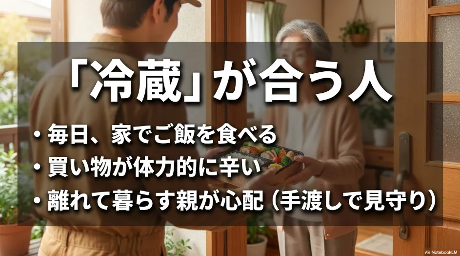 冷蔵宅配弁当が毎日家で食事をする人や買い物が負担な人、高齢の親の見守りに向いていることを説明するスライド