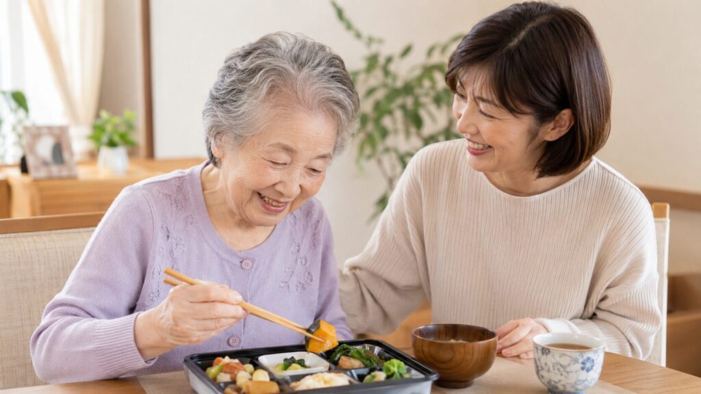 日本人の高齢女性が家族と一緒に宅配弁当を食べるシニア向け食事シーン