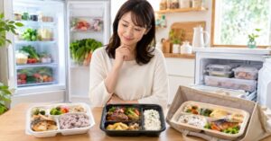 冷蔵庫・冷凍庫・食卓の宅配弁当を見比べる日本人女性が、冷蔵・冷凍・常温の宅配弁当の違いを比較している画像