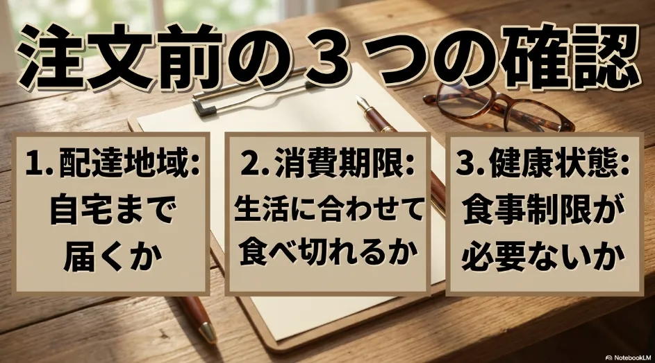 宅配弁当を注文する前に配達地域、消費期限、健康状態を確認するポイントをまとめたスライド