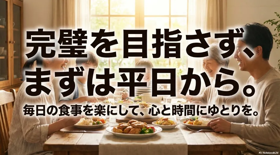 毎日届く宅配弁当を無理なく生活に取り入れ、平日から始めることをすすめるまとめスライド